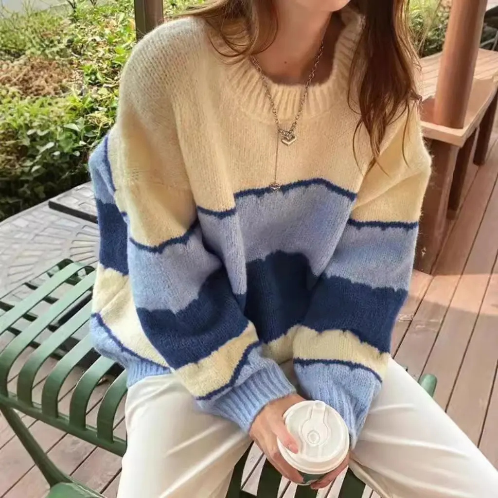 

Women's Contrast Color Stitching Striped Knitted Sweater round Neck Long-Sleeved Casual All-Match Lazy Style Autumn Winter