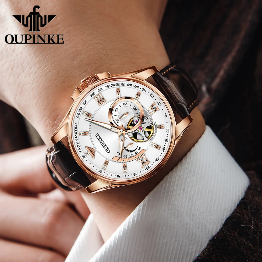 OUPINKE 3222 Luxury Original Men Watch Brand All Automatic Mechanical Watch HD Sapphire Mirror 3D Skeleton Waterproof Men Watch