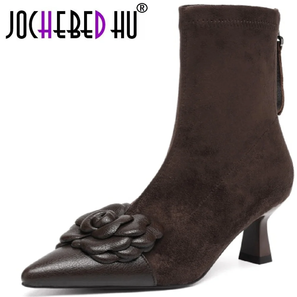 【JOCHEBED HU】Handmade Elastic Ankle Boots Mid Heels Women Boots Short Boots Winter Modern Ladies Shoes 34-40