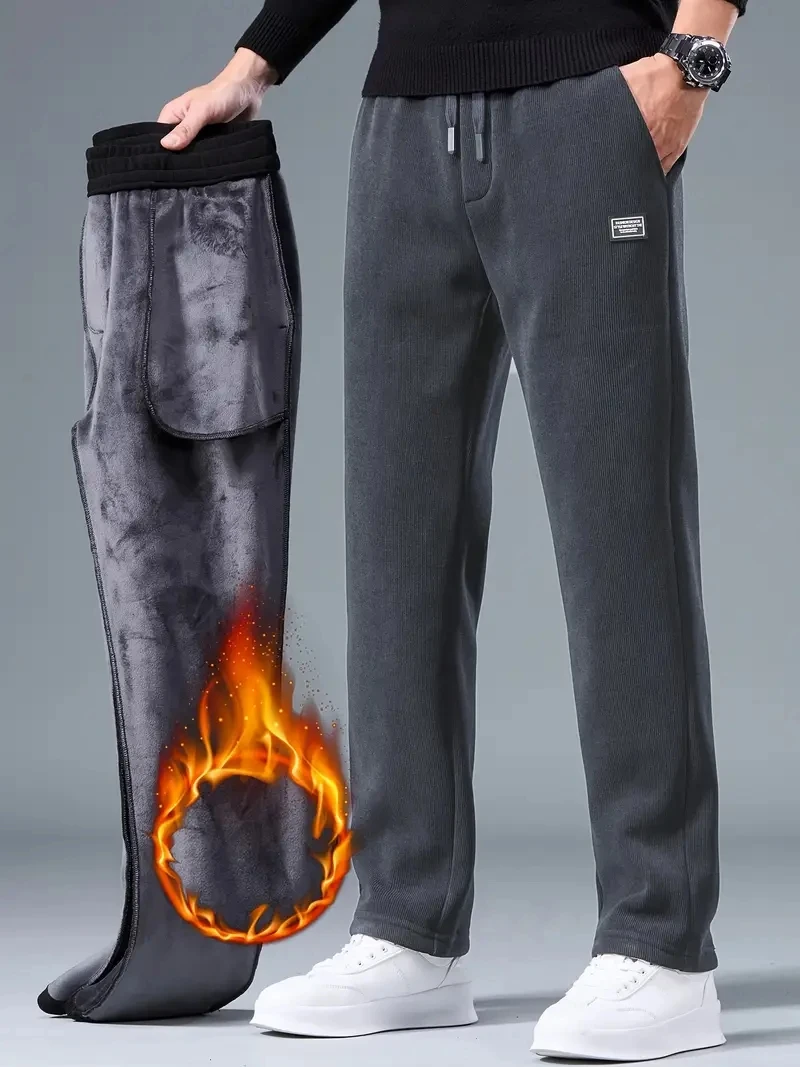 2025 الشتاء سروال قصير Sweatpants الرجال الرباط صوف مبطن سميكة الدافئة واسعة الساق مستقيم سراويل تقليدية الذكور فضفاض بنطلون