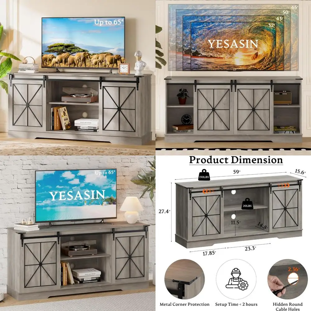 Mid Century Modern Farmhouse TV Stand for 55-65 Inch TVs with Sliding Barn Doors and Storage, Easy Assembly