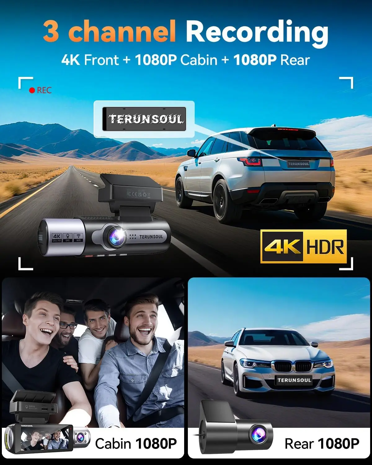 4K Dash Cam Front Rear Full HD 3 Channel Device Free 128GB Card Built 5.8GHz WiFi GPS Collision Sensor Night Vision HDR 3.16 IPS