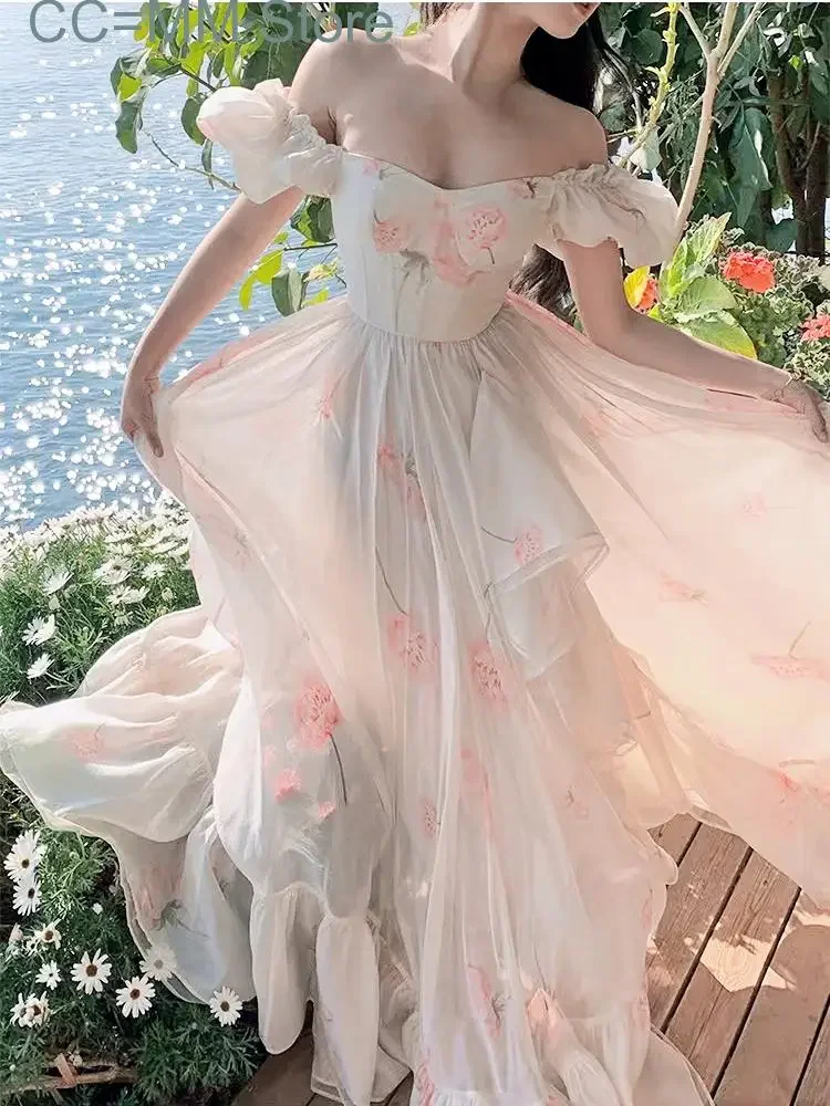 

New Floral Dress for Women Fashion Sweet Puff Sleeve Summer Dress French Style Elegant Short Sleeves Ruffle Midi Dress