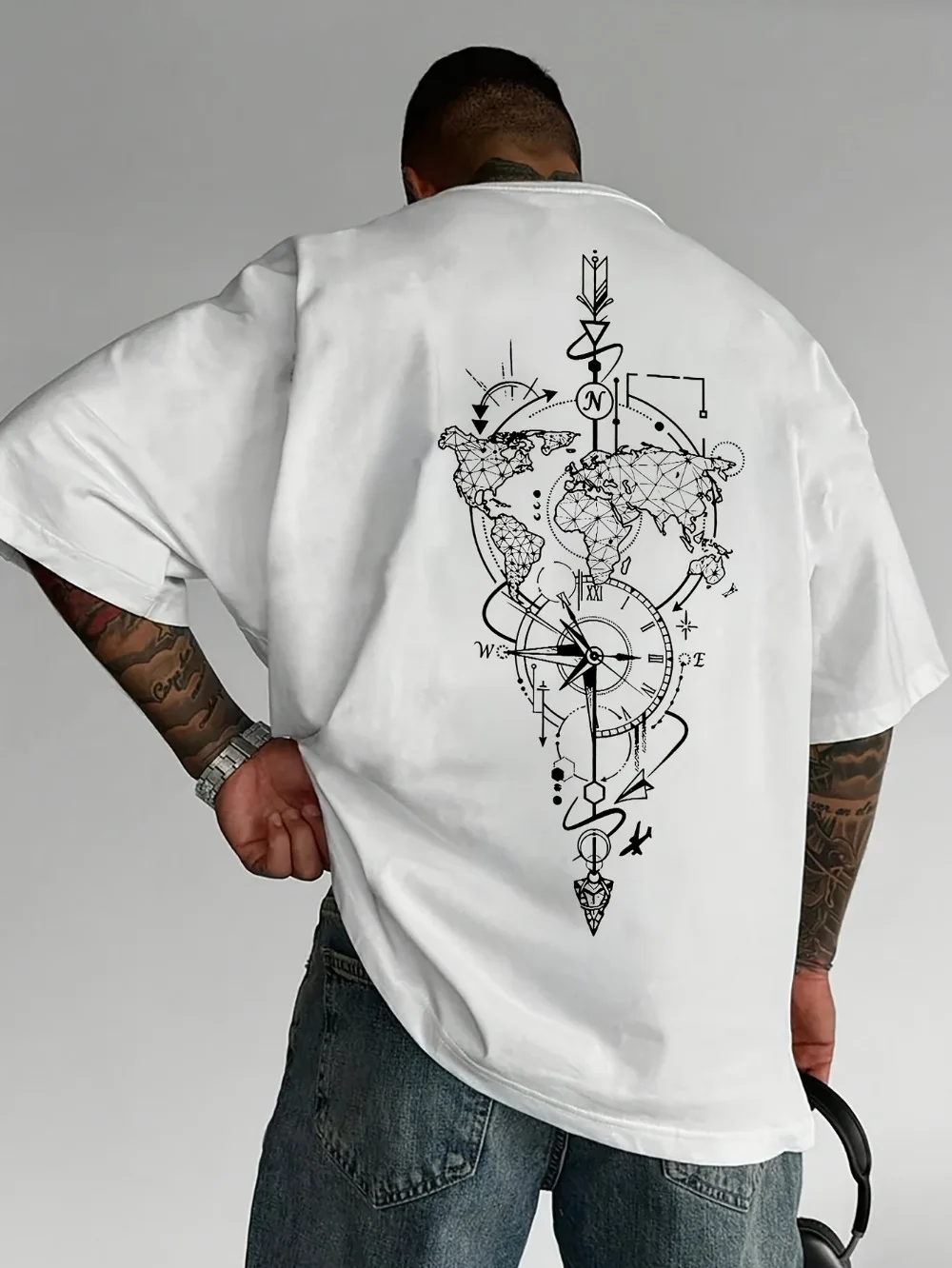 Harajuku Clock Arrow Line Sketch3D Print Breatha Quick-dry Men Plus-sizeT-shirt Outdoor High Street Casual Parent-child Clothing