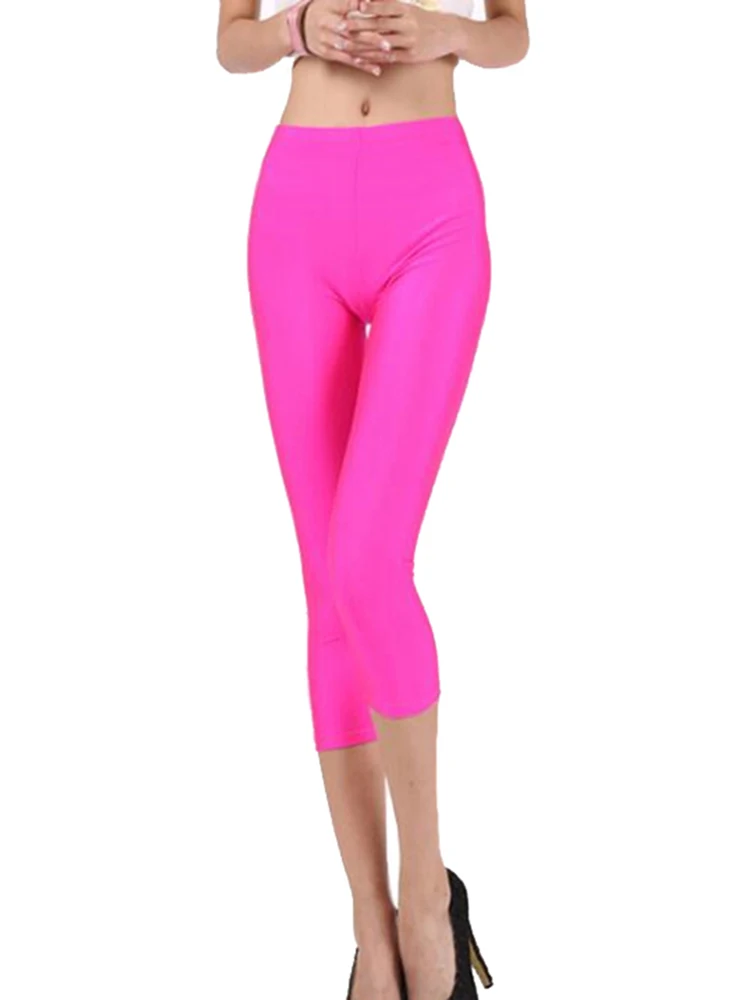 CUHAKCI Leggings lucidi fluorescenti estivi donna Spandex Shinny Pant elasticità pantaloni Casual Capris a vita alta