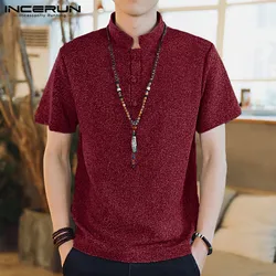 2024 Men's Shirts Solid Color Vintage Stand Collar Short Sleeve Summer Casual Men Clothing Streetwear Chinese Style Shirt S-5XL