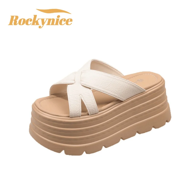 

Женские летние кожаные массивные тапочки, шлепанцы на высокой платформе, шлепанцы на танкетке 8 см, милые сандалии для девочек, пляжные тапочки с открытым носком