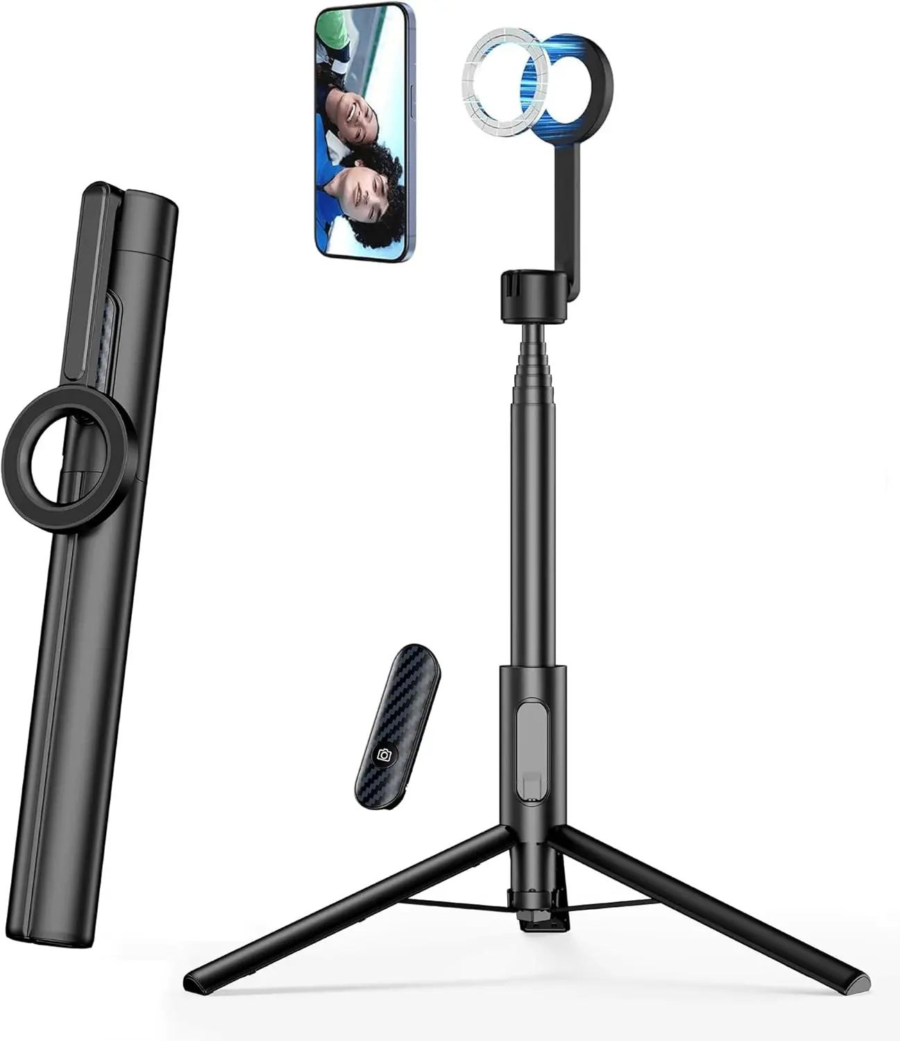 

Magnetic Phone Tripod for iPhone 64" Selfie Stick with Remote and Metal Ring, Automatic Pop-up MagSafe Travel Tripod for