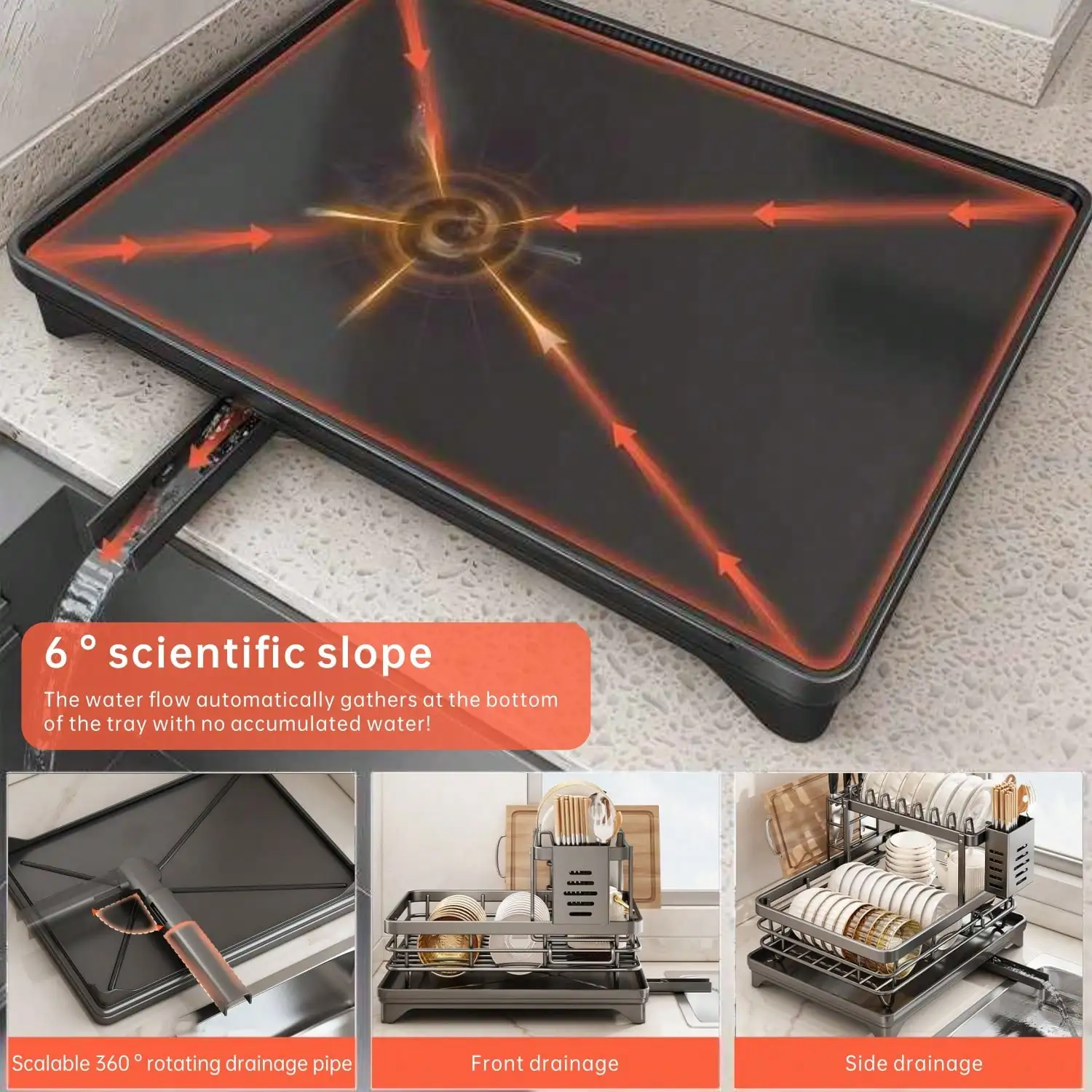 Компактная сушилка для посуды (2 уровня): нержавеющая сталь + дренажный поддон, кухонный органайзер