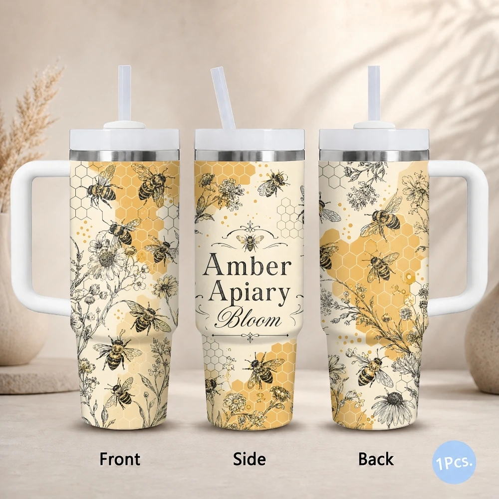 Vintage Bee Honey Sketch Set Vacuum Flasks 40oz Stainless Steel Insulated Tumbler With Handle & Straw Leakproof Travel Mug