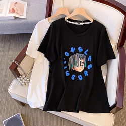 Plus Size Women's Cartoon Printed Retro t-shirt Basic Round Neck Casual Loose Street Short Sleeve Medium Long Harajuku Tops