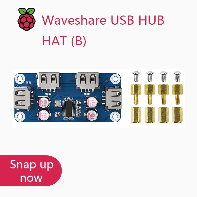 Waveshare USB HUB HAT (B) For Raspberry Pi Series, 4x USB 2.0 Ports, Specialized Pogo Pin For Zero Series