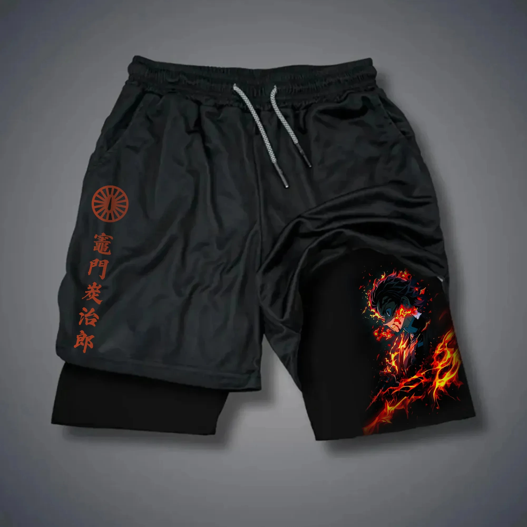 Pantalones cortos de doble capa con estampado de Anime Demon Slayer, pantalones cortos sueltos y de moda para Fitness y deportes de verano para hombres y mujeres Ins