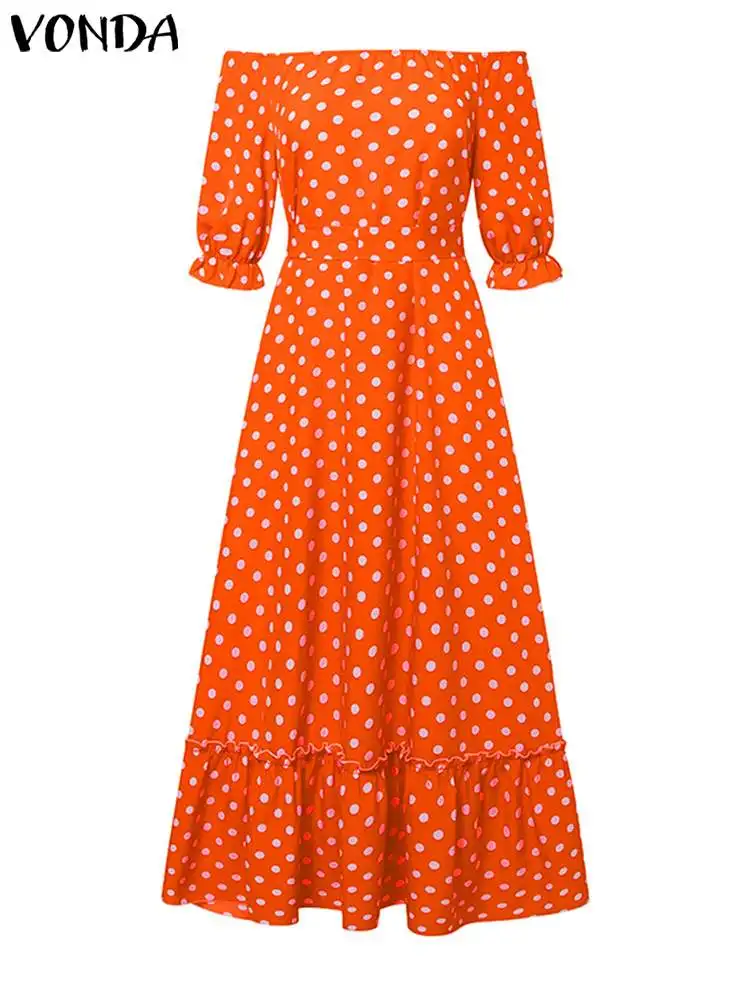 VONDA Bohemian Women Sundress Polka Dot Maxi Dress 2024 Summer Off Shoulder Half Sleeve Loose Casual Printed Party Long Robe