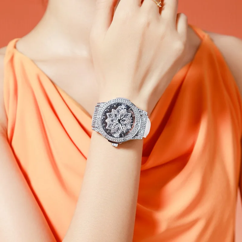 Fashion *Star Design Women’s Watch Large Dial Waterproof Hollow Snowflake Rotating Ladies Wristwatch