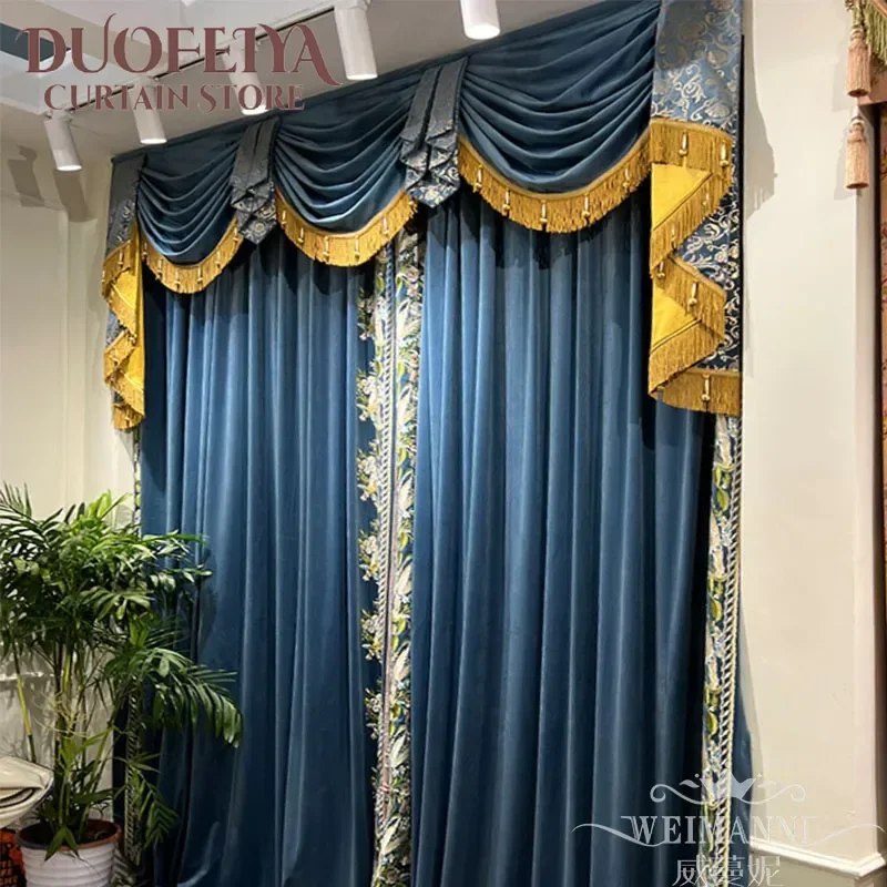 

New Custom Blue Embroidered Velvet Patchwork Thickened Blackout Curtains for Living Room Bedroom Villa Embroidery Window Screen
