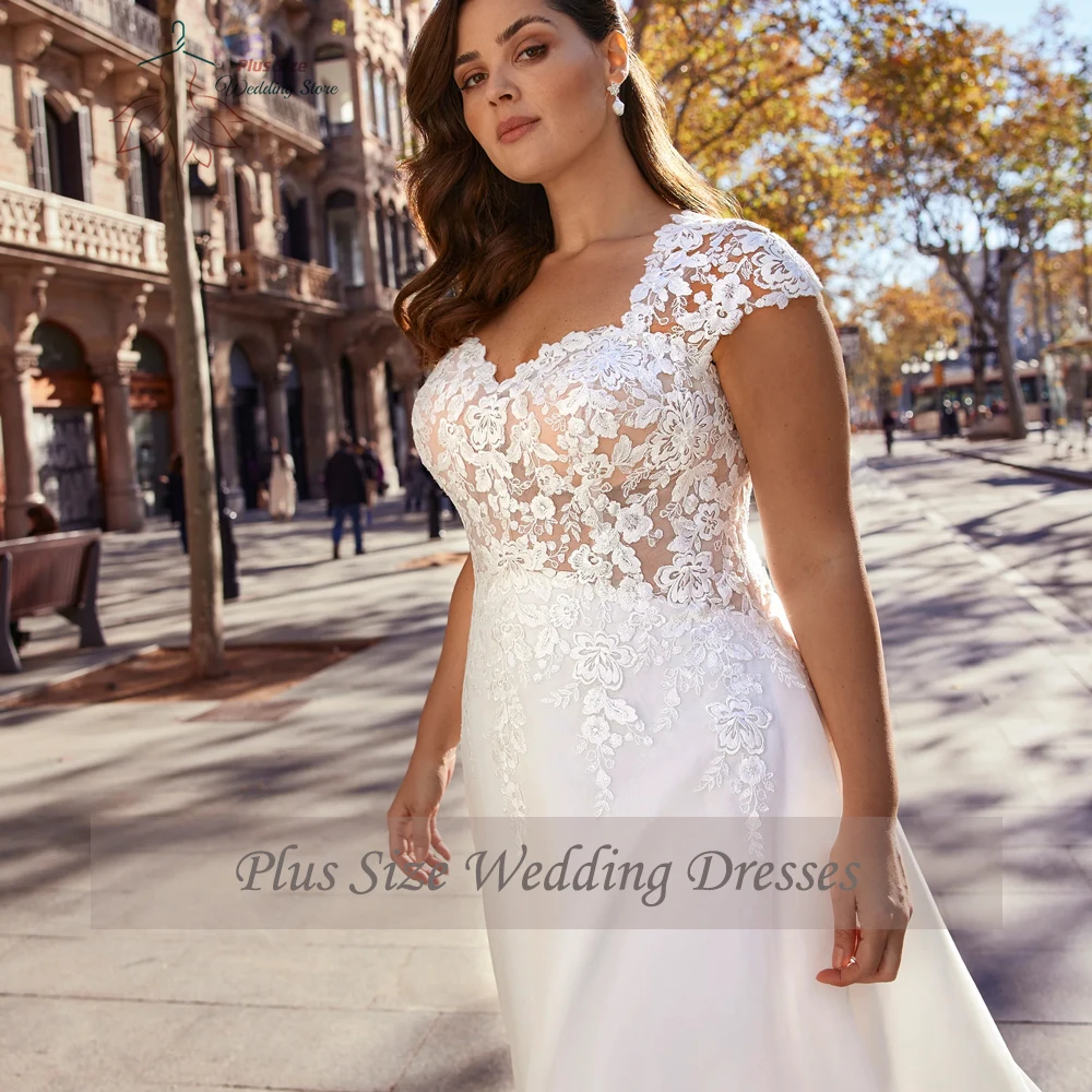 Classic A-Line Wedding Dresses Plus Size V-Neck Cap Sleeves Illusion Bride Gowns Appliques Sweep Train Vestidos De Novia 2024