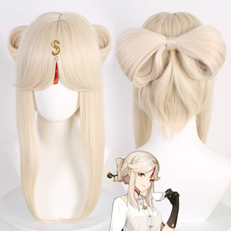 

Long Wavy Blonde Synthetic Wig for Women Cosplay Costume Party Heat Resistant Natural Scalp Top Butterfly Bow Hair Extension
