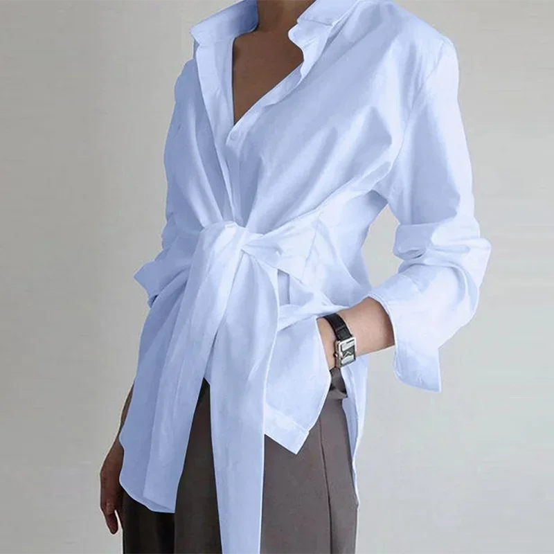 Fashion Long Sleeve Women Shirt Blouse Ruched Solid Color Blouse for Office Ladies White Blue Black Autumn Ladies Shirts 18659