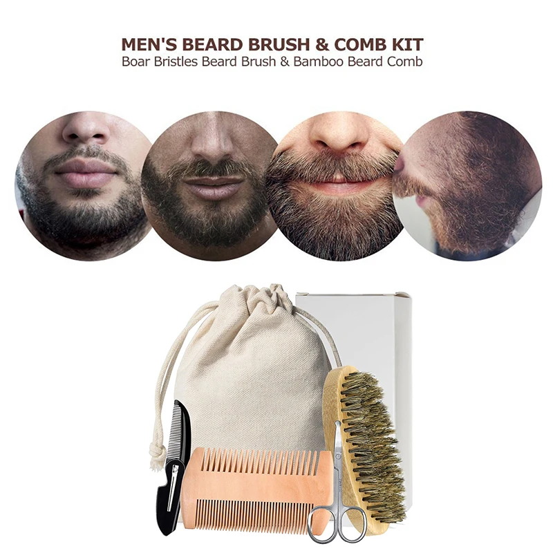 Varkenshaar Houten Baard Borstel Kits Met Gift Bag Professionele Zachte Kapper Scheerkwast Kam Set Mannen Snor Kammen