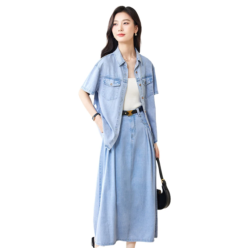 VIMLY Women Vintage Washed Lycra Denim Skirt Set Lapel Pocket Short Sleeve Cardigan Shirt Top+High Waist Skirts 2 Piece Set