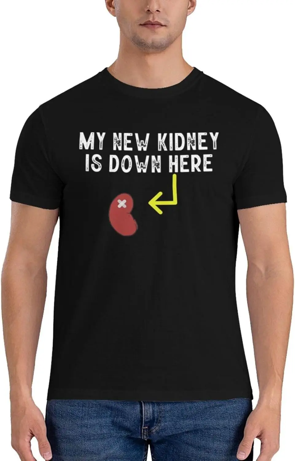 YvoneDBrownn My New Kidney is Down Here Men's T-Shirt, Men's Short Sleeve Tees, Crewneck Cotton Black T-Shirts for Men