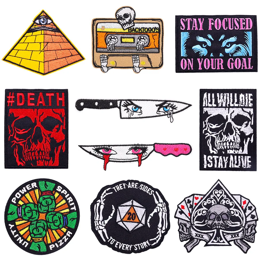 

Punk Rock Embroidery Patches DIY Skull Dice Poker Iron on Cloth Stickers Chest Badges Clothes Bags Hats Personalized Accessories