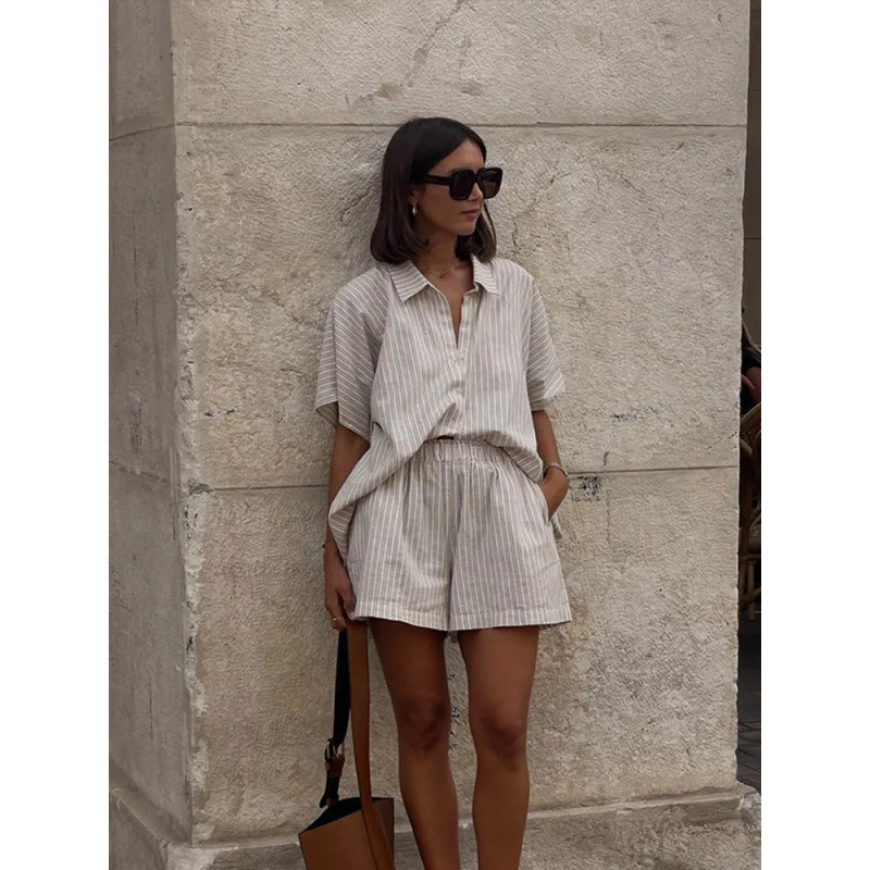2025, pantalones cortos sueltos de verano para mujer, pantalones cortos, conjunto de 2 piezas de pantalones cortos Retro a rayas para mujer, traje, ropa de viaje para mujer