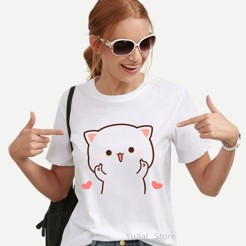 Peach And Goma Mochi Cat Love Ice Cream Cartoon Print Tshirt Women\'S Clothing Funny T Shirt Femme Harajuku Kawaii Clothes