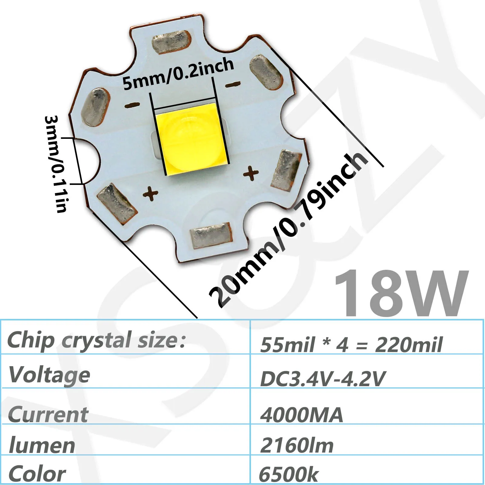 Grânulos de LED de alta potência para lanternas e faróis, 18W, DC3.4V-4.2V, DC3.6V-4.5V, destaque, 4000MA, 2160lm, substituição do grânulo da lâmpada