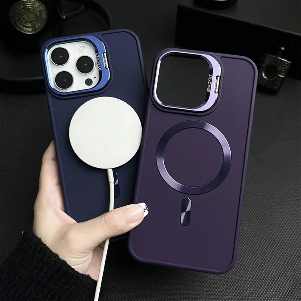 for Magsafe Camera Bracket Matte Case for iPhone 15Pro 14 15 13 Pro Max Plus Invisible Stand Solid Color Cover for iPhone 12 11