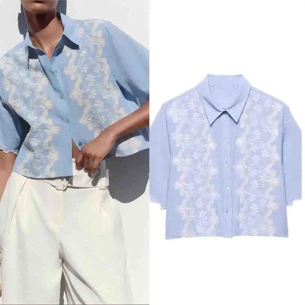 

Women's New fashion casual short single breasted printed embroidered shirt retro short sleeved women's shirt chic top