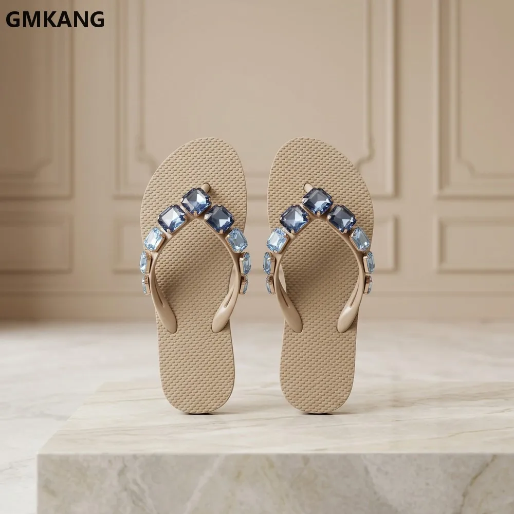 Women Rhinestone Flip Flops Flat Thong Slide Sandals Crystal Embellished Summer Beach Vacation Casual Outdoor Ladies