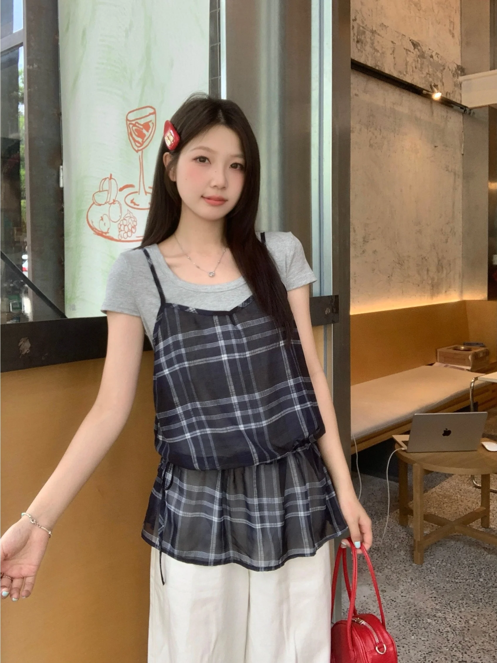 

Sweet Sle Plaid Strap Vest T-irt Women Summer New Slimming Top Bot Set Trendy plus Size Inner Wear Korean Sle
