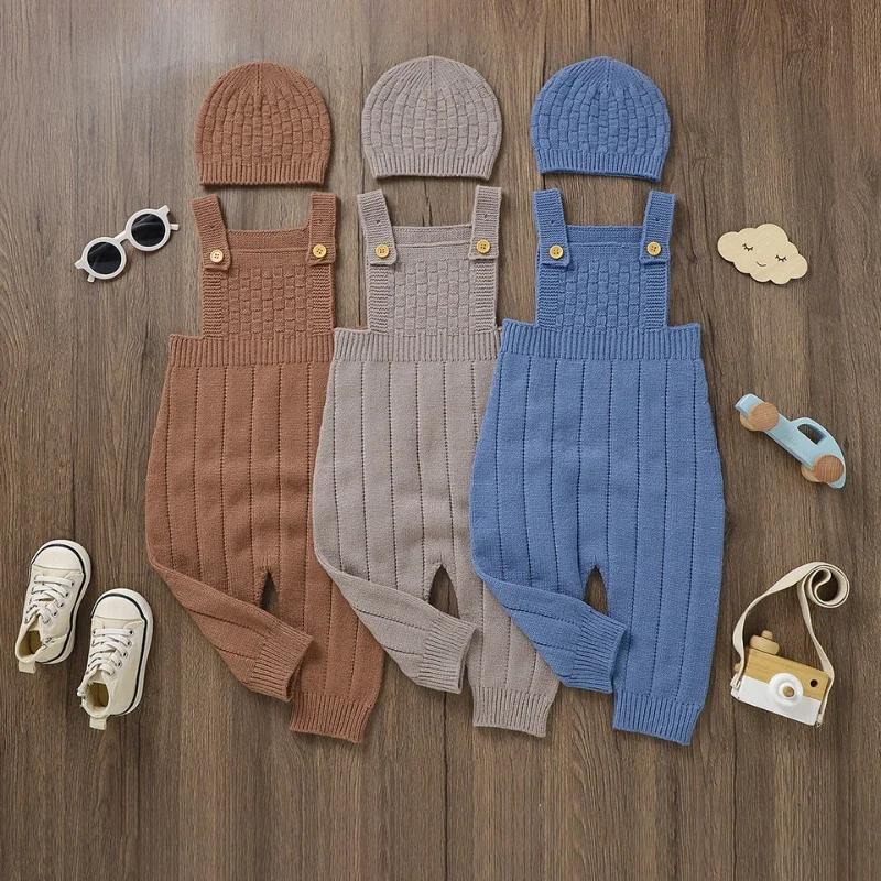 Newborn Boys Girls Pure Color Strap Jumpuits Hats Outfits Infantil Toddler Costumes 0-18m Baby Unisex Rompers Sleeveless Knitted