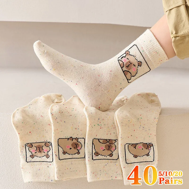 5-40Pairs Cartoon Capybara Cotton Socks for Kids and Adults Custom Expression Animal Pattern Warm Winter Dot Yarn Crew Sock Gift