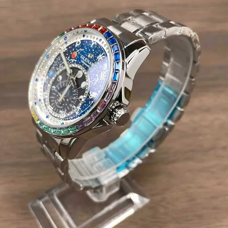 GLENAW Design Constellation Rotating Dial Mechanical Watch Men Diamond Stainless Steel Waterproof Luminous Men Watches