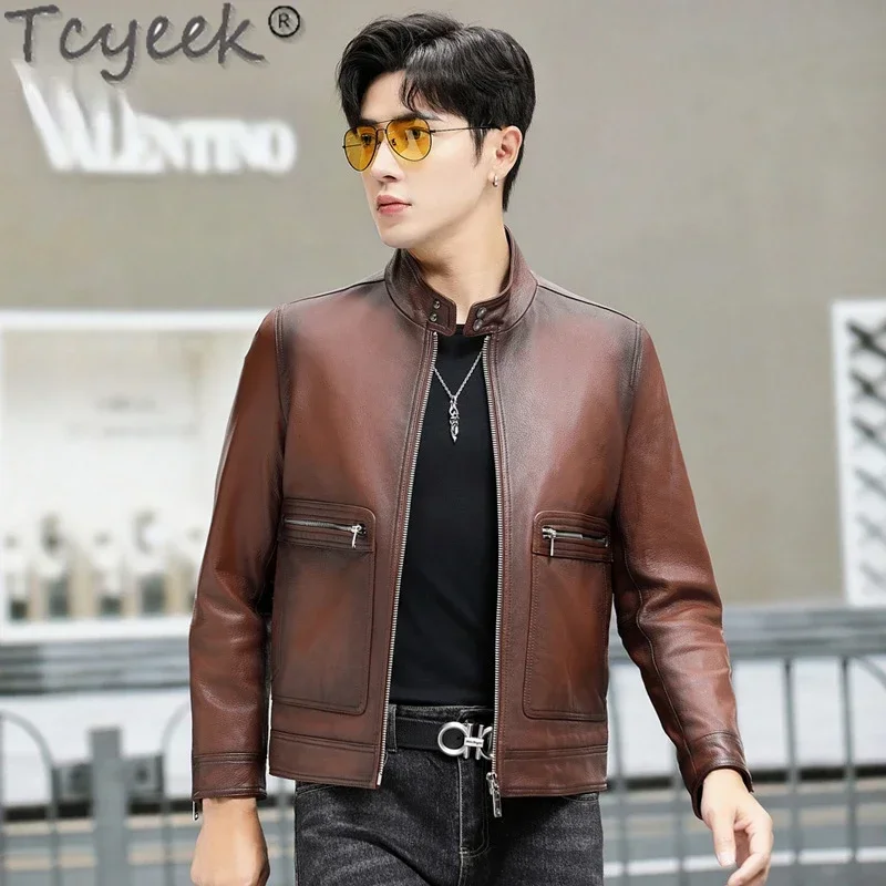 

Tcyeek Real Leather Jacket Men Autumn Top Layer Goatskin Coat Men's Motocycle Jackets Stand Collar Male Leather Jackets Fashion