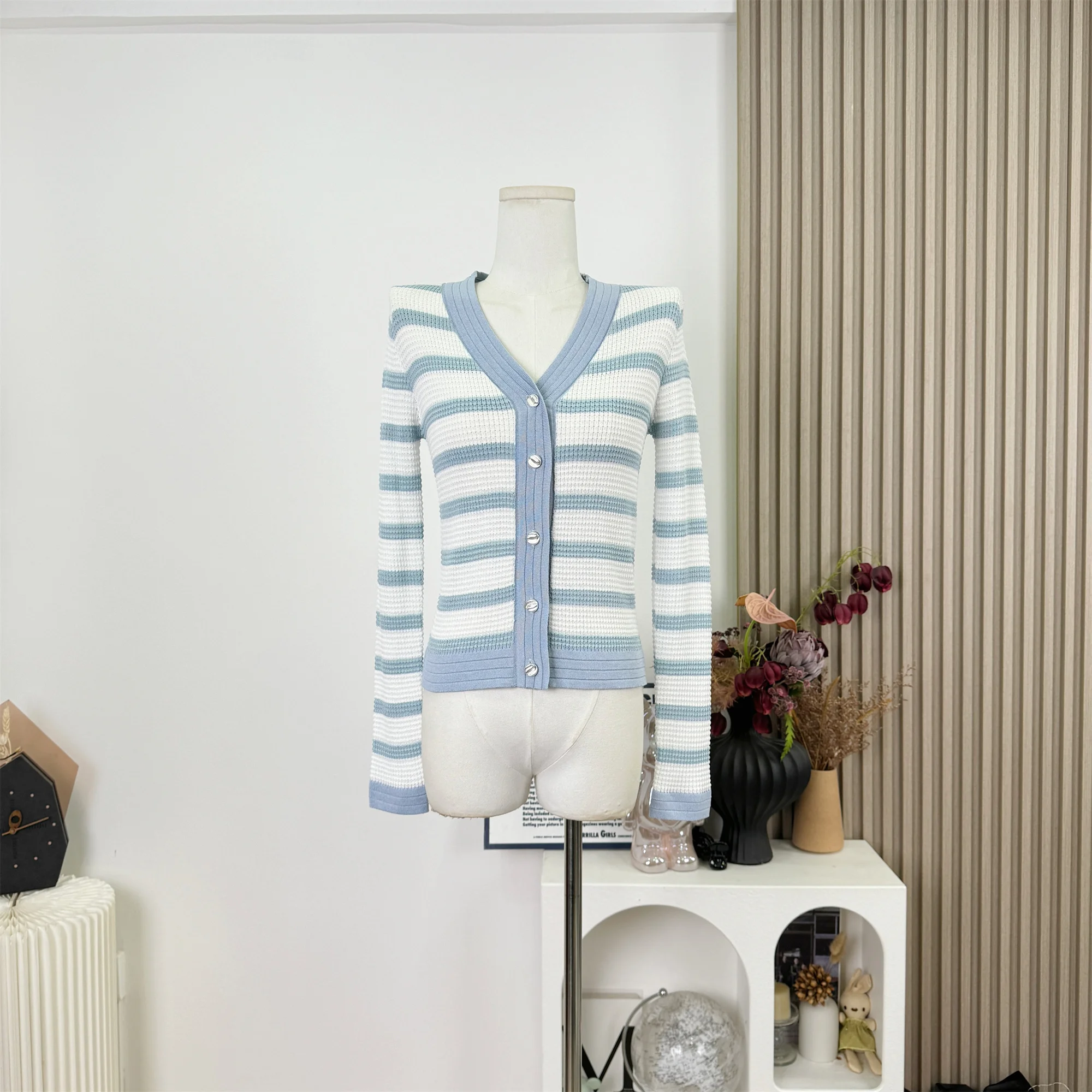 

Fashionable Striped Sweater Cardigan Women's Autumn 2025 New Arrival Slim Fit V Neck Long Sleeve Casual Tops Female Clothes F126