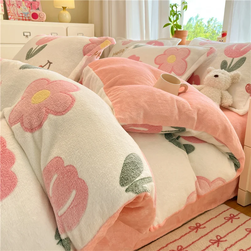 

Winter Flannel Print Duvet Cover for Winter Flowers Soft Warm Keep Warm Bed Quilt Covers Milk Velvet Queen King Bed