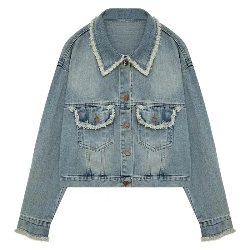 

2024 Retro Women Denim Jacket Coats Lapel Single Breasted Raw Edge Short Coat Spring Autumn Loose Casual Jean Outerwear A039