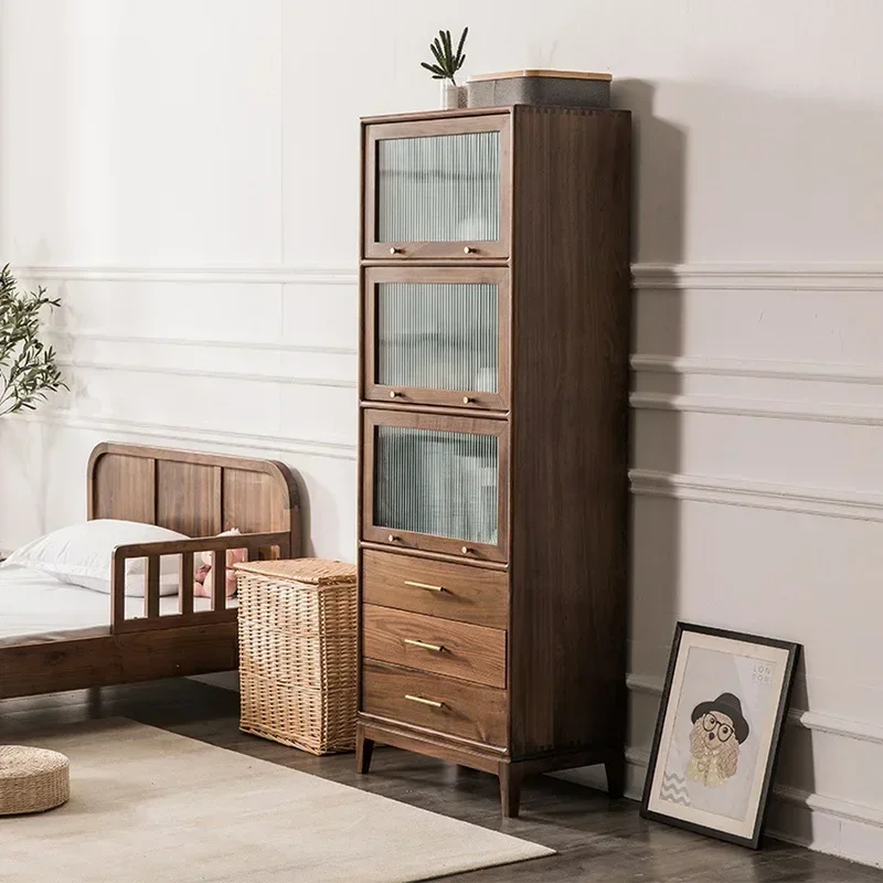 Nordic black walnut side cabinet, narrow Japanese simple Changhong glass clamshell locker