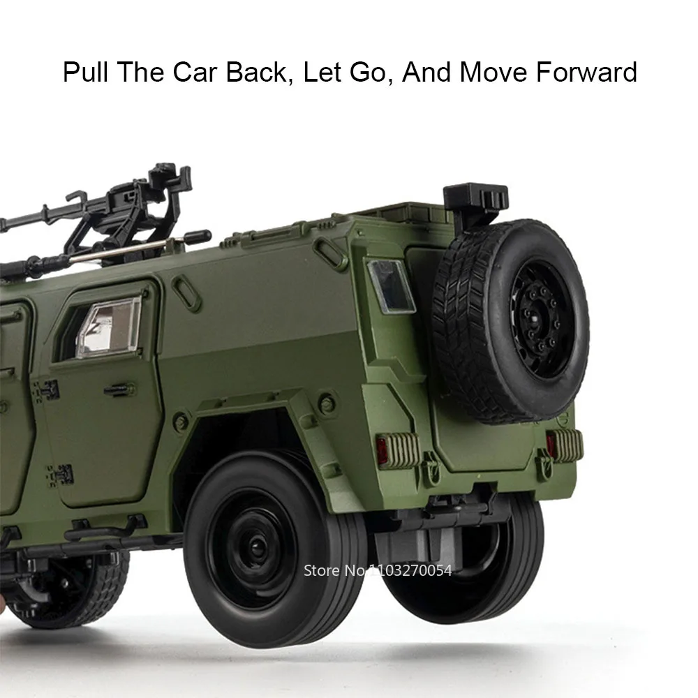 Coche blindado Dongfeng Mengshi 1:20, modelo fundido a presión de aleación, juguete con sonido, luz, puerta trasera abierta, vehículo todoterreno militar, regalo para niños