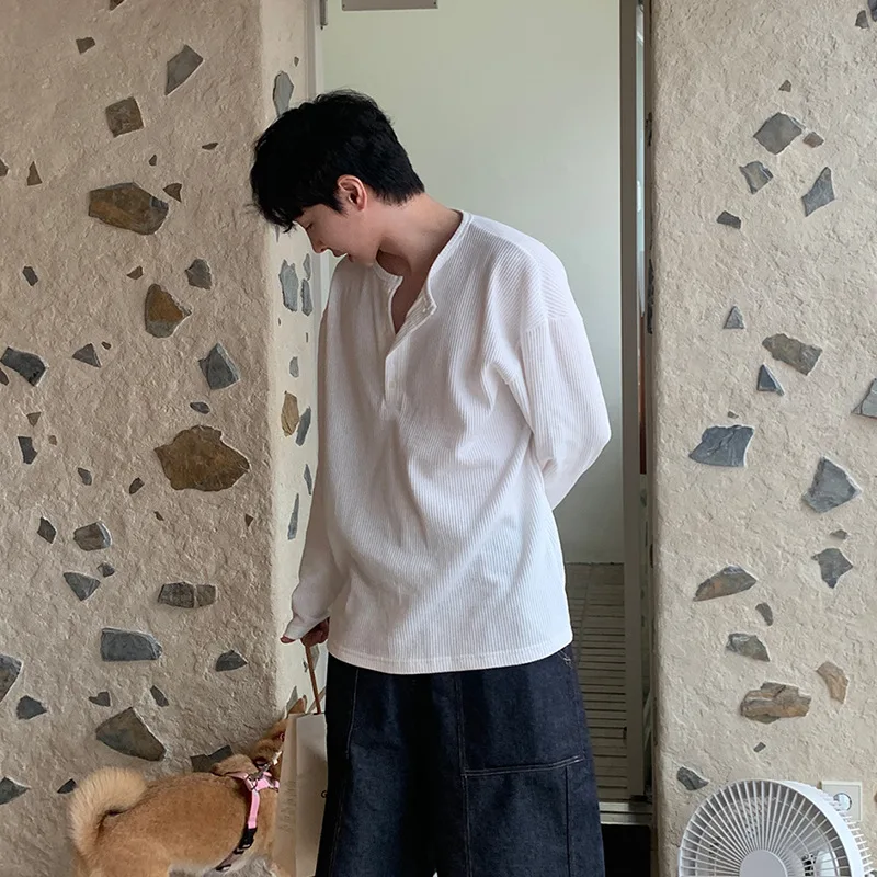 Man Base Layer Knitting T-shirt 2026 New Spring Men's Henley Neck Long Sleeve T Shirt Vertical