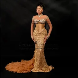 Customized Beaded African Prom Dresses Sheer Neck Long Sleeve Lace Tassels Mermaid Evening Gowns With Tulle Train Party Dress