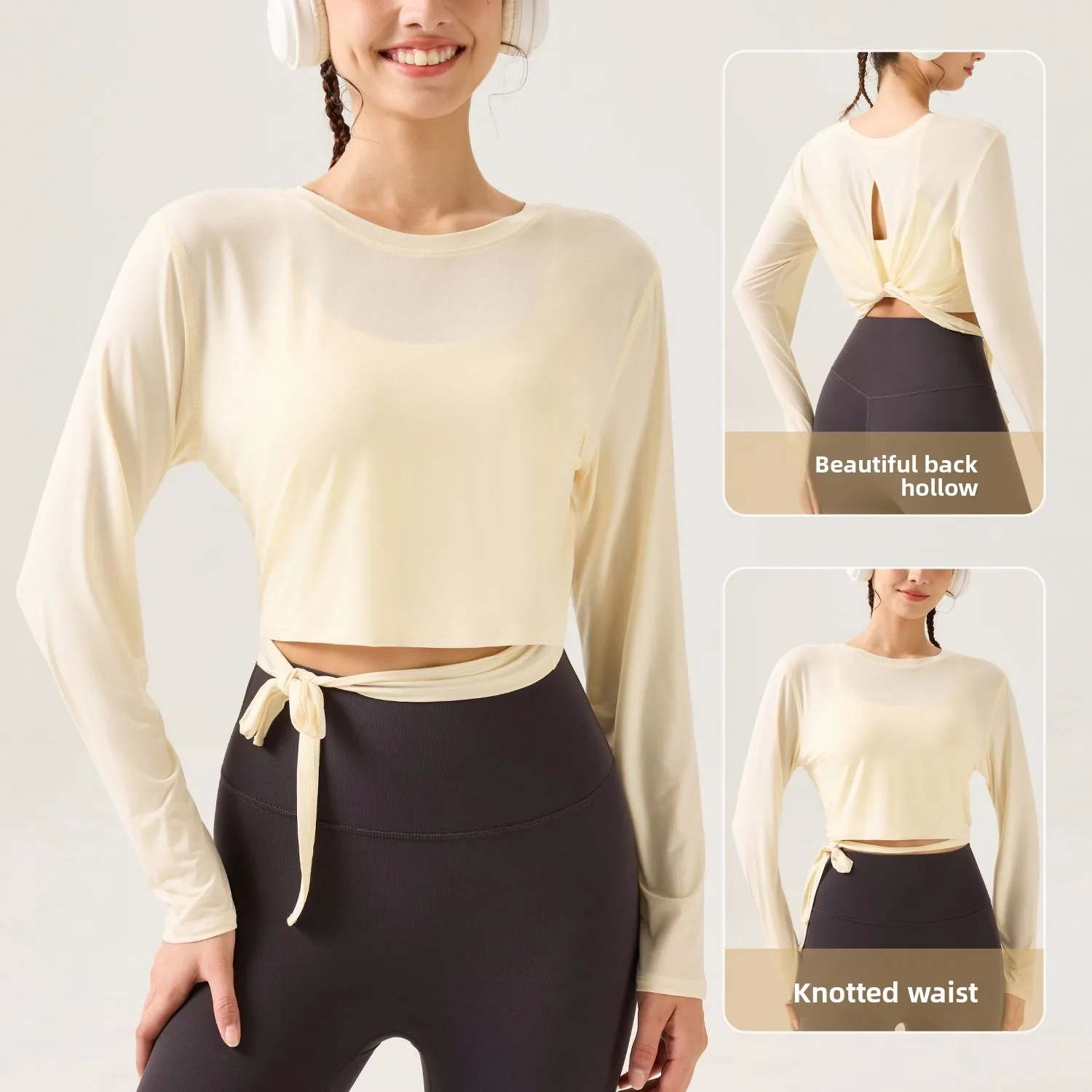 New Tailcoat Strap Long Sleeved Women's Back Hollow T-shirt Sports Fabric Breathable Quick Drying Slim Fit Fitness Suit