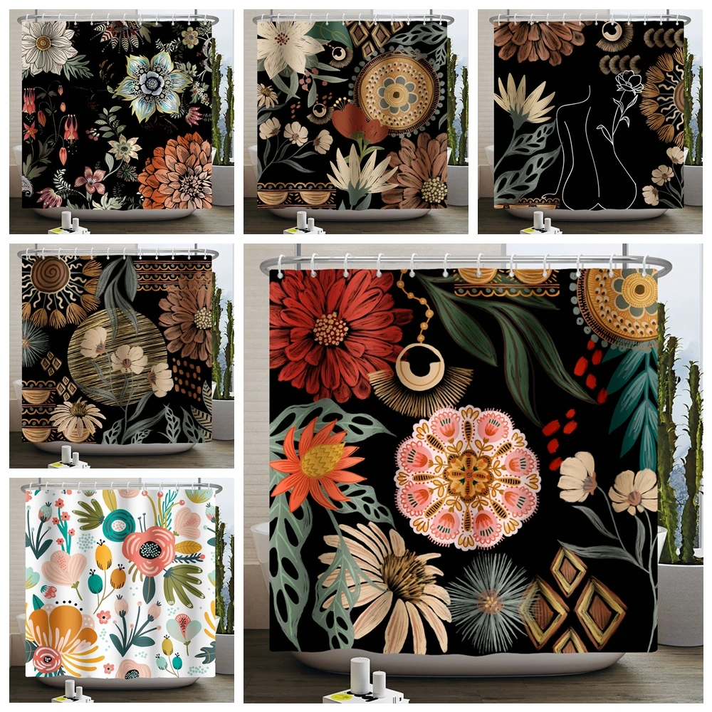 Boho Flower Shower Curtain Floral Black Abstract Bohemian Vintage Modern Aesthetic Waterproof Fabric Bathroom Curtain With Hooks