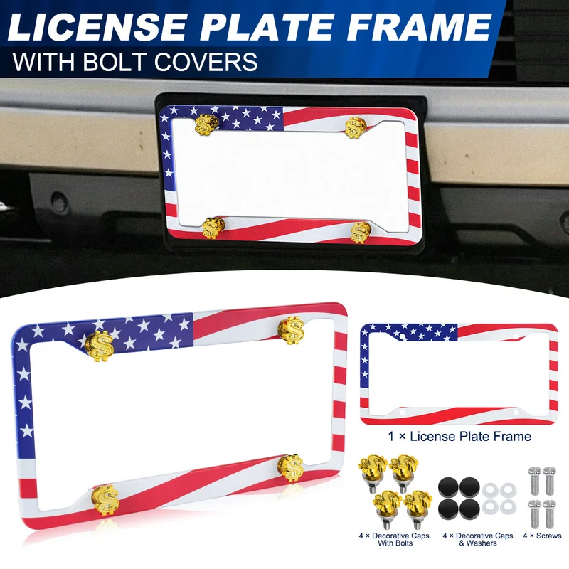 USA Flag US License Plate Holder | License Plate Frame with Gold Dollar Sign Bolt Caps