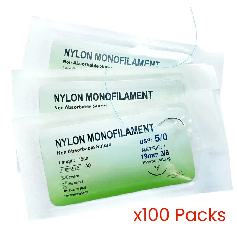 

100Pcs Suture Needle Nylon Monofilament USP Reverse Cutting Sutures Sterile3/0 4/0 5/0 For Practice
