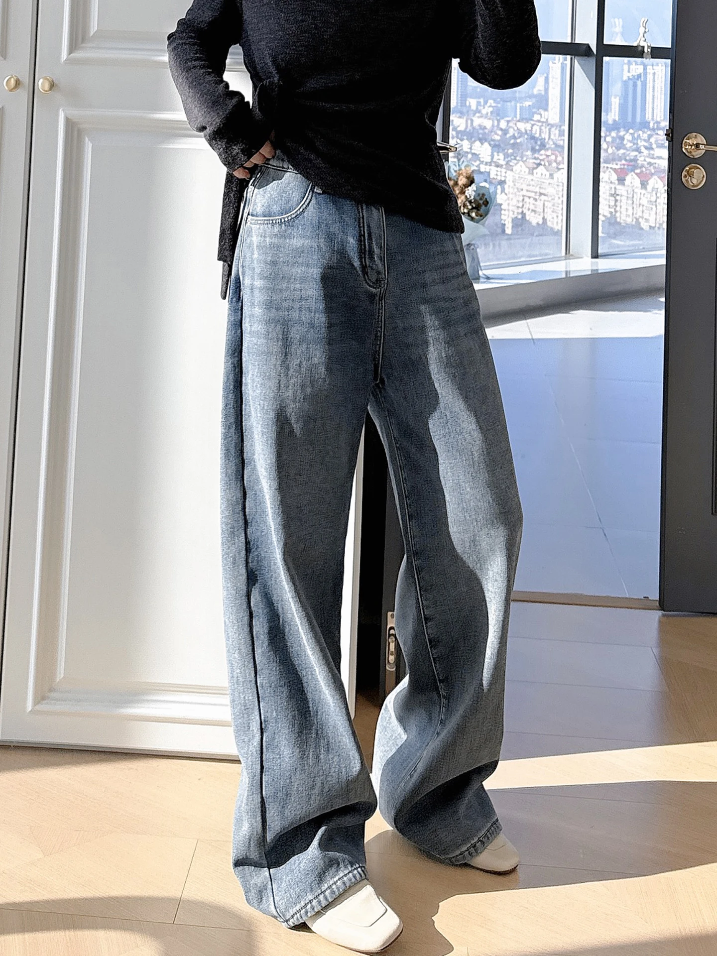 

Джинсы с широкими штанинами в стиле ретро, на подкладке, больших размеров, облегающие, с высокой талией, повседневные брюки для полных женщин, модные прямые джинсы